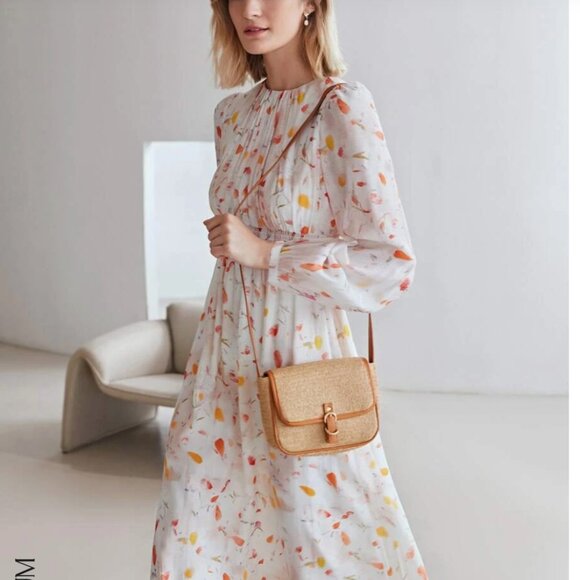 Shein MOTIF PREMIUM VISCOSE BRUSH STROKE PRINT Peasant DRESS Size Large L 8/10 - Picture 1 of 10